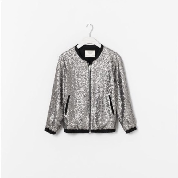 Zara Other - ZARA sequin bomber jacket top cardigan silver blk